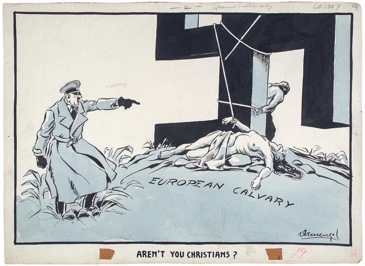 'No sou cristians', una de las caricaturas de Mario Armengol que se pueden ver en la exposición organizada por el Museu Nacional d’Art de Catalunya en colaboración con MuVIM de Valencia.