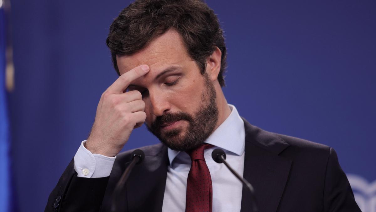 El presidente del PP, Pablo Casado, durante una rueda de prensa en la sede del partido en julio de 2021, en Madrid.