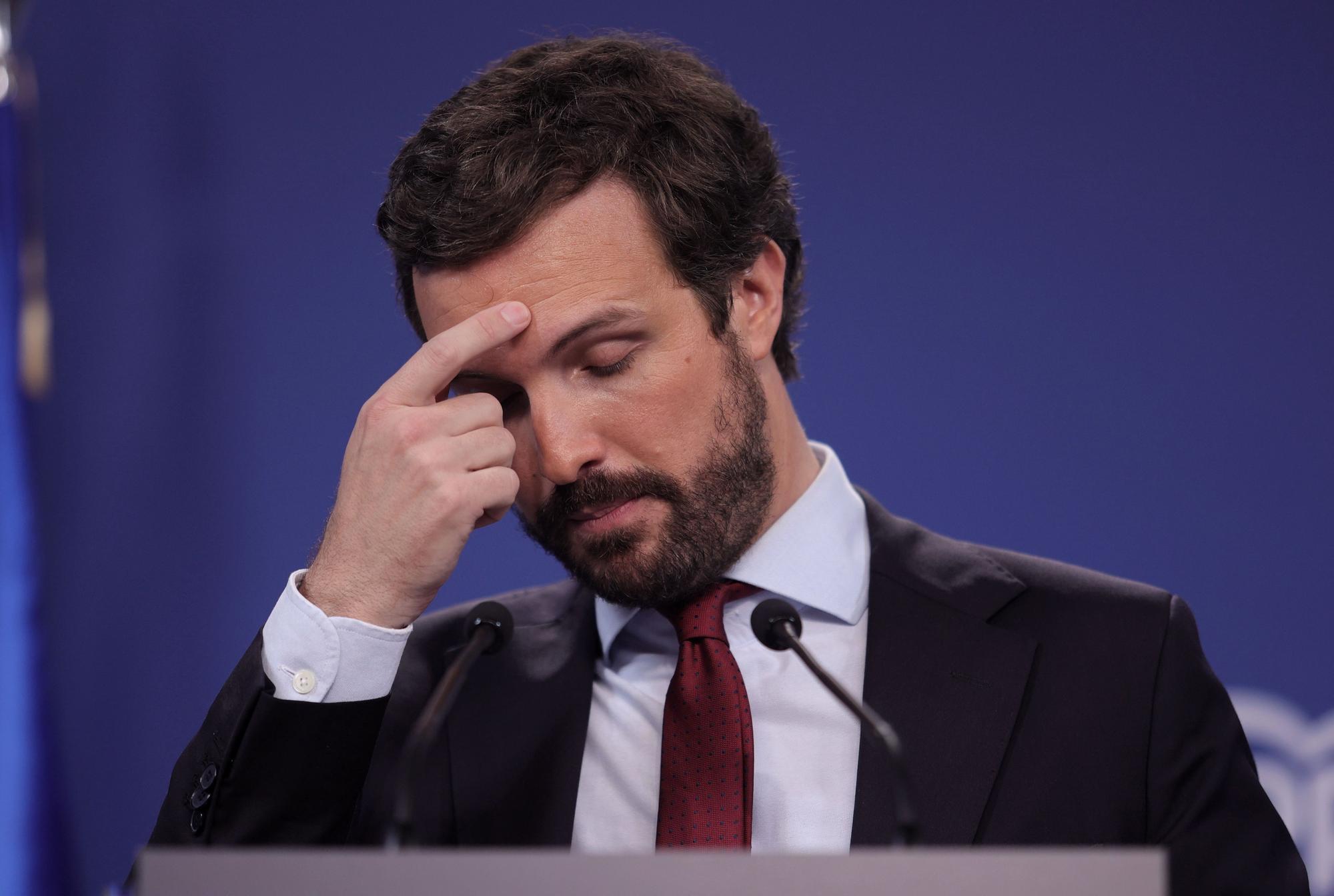 El presidente del PP, Pablo Casado, durante una rueda de prensa en la sede del partido en julio de 2021, en Madrid.