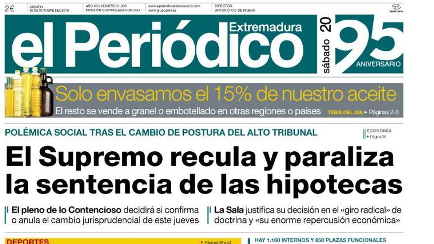 Esta es la portada de EL PERIÓDICO EXTREMADURA correspondiente al día 20 de octubre del 2018