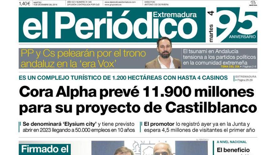 Esta es la portada de EL PERIÓDICO EXTREMADURA correspondiente al día 4 de diciembre del 2018