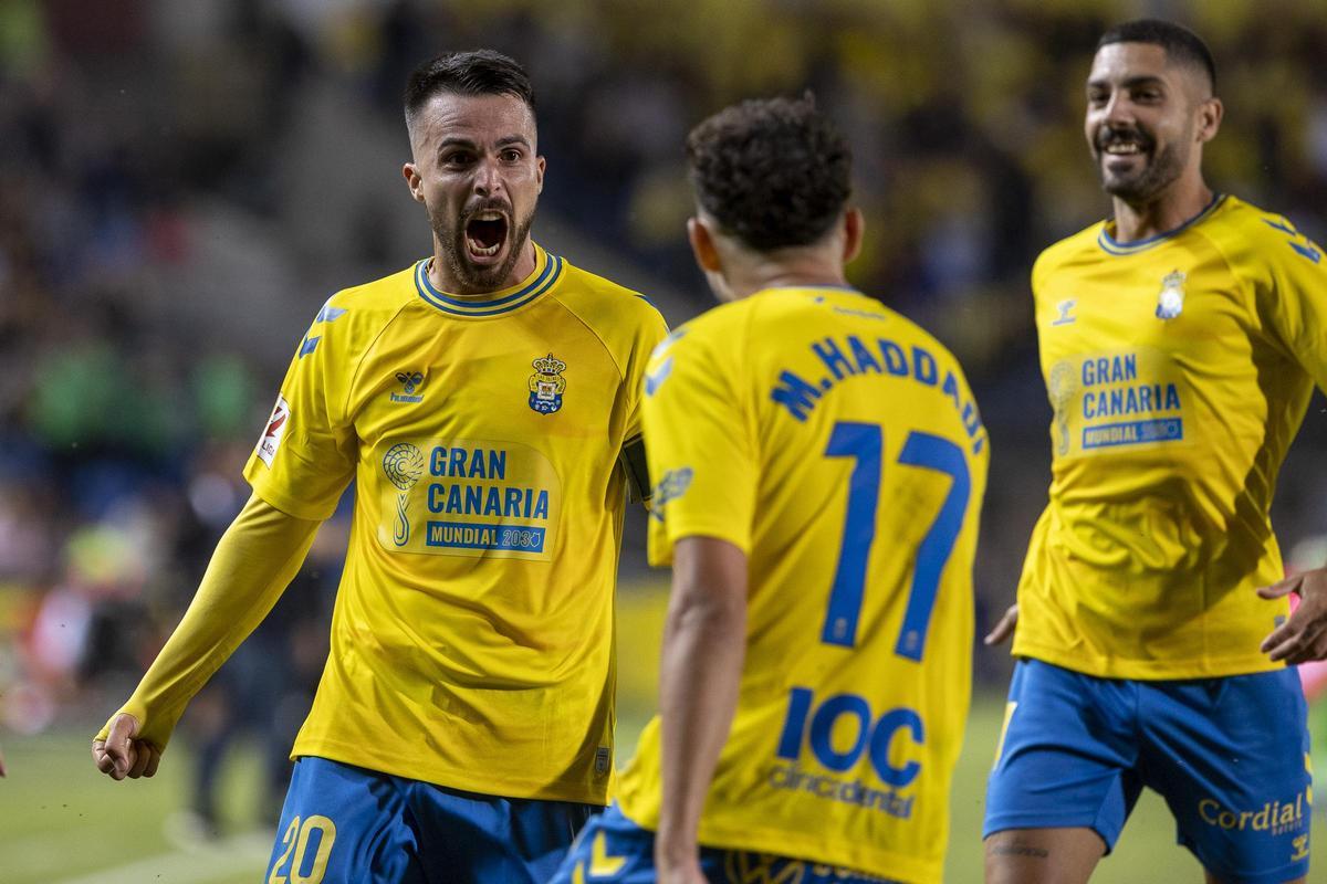 Kirian Rodríguez festeja el tanto ante el Atlético de Madrid.