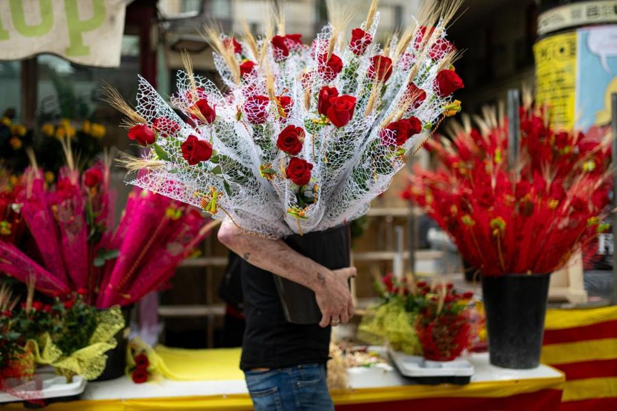 Un hombre con rosas decenas de rosas rojas el día de Sant Jordi 2024.