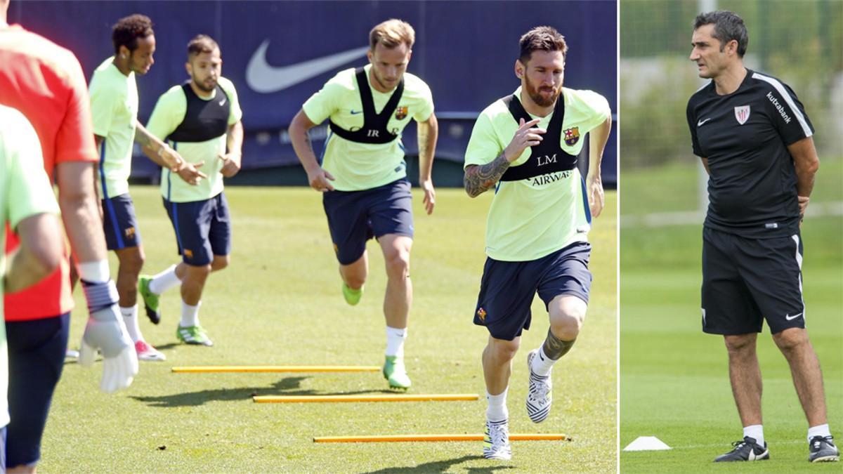 Los jugadores del Barça (a la izquierda, durante un entrenamiento de la temporada 2016/17) se pondrán a las órdenes de Ernesto Valverde (derecha) a partir del 12 de julio