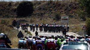 El peloton en Fuentelcesped durante la 17a etapa de la Vuelta Ciclista España de 2019, una carrera de 219,6 km desde Aranda de Duero a Guadalajara.