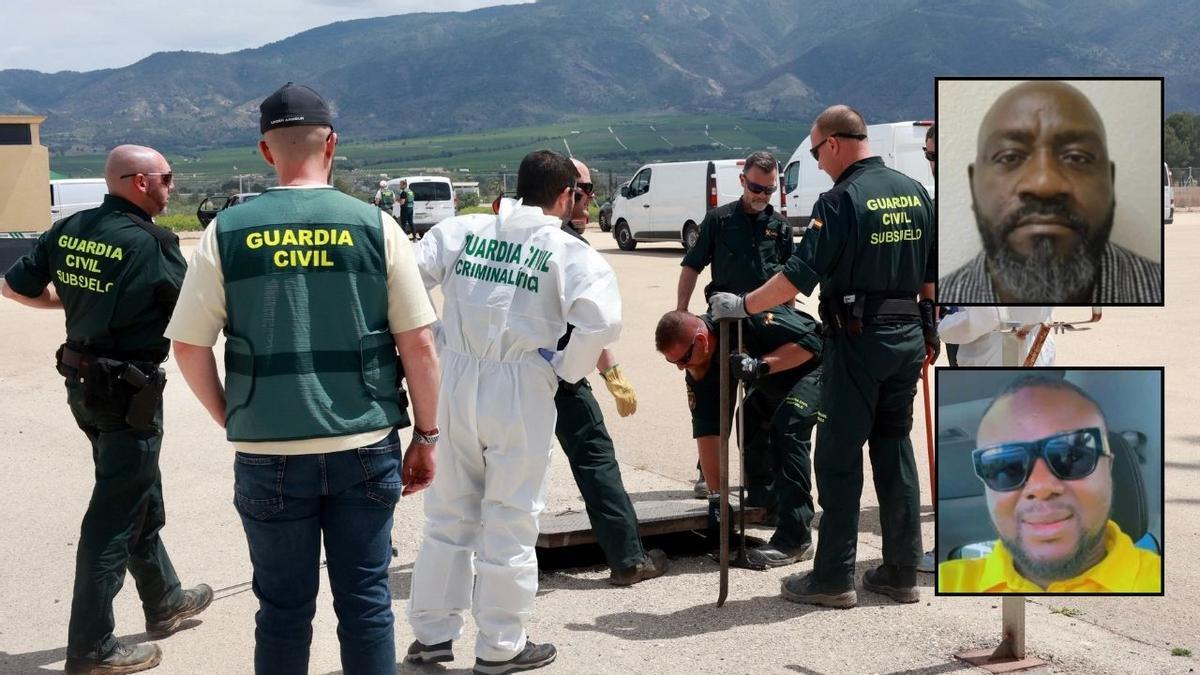 Agentes de la Guardia Civil este lunes en el operativo en Librilla; en las fotos pequeñas, los dos amigos desaparecidos.