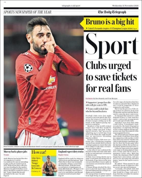 Portada TELEGRAPH SPORT miércoles 25 noviembre