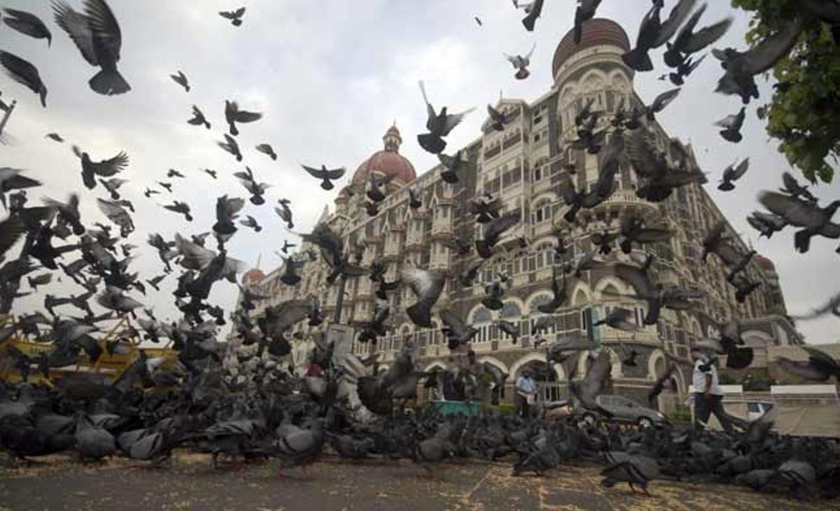 Un home alimenta un grup de coloms a davant de l’Hotel Taj Mahal, un dels objectius del comando terrorista que va assaltar la ciutat de Bombai (Índia) el novembre del 2008 i va acabar amb la vida de 166 persones i va causar uns 300 ferits.