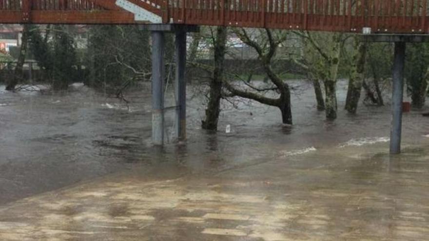 El río Verdugo presentaba ayer esta imagen, desbordado anegando el paseo fluvial de Ponte Caldelas.