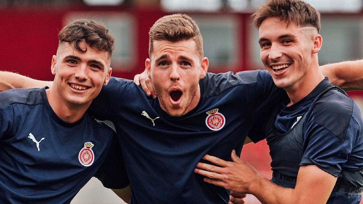 Arnau, Gumbau i
Valery, durant la sessió
d’ahir a Montilivi.  GIRONA FC