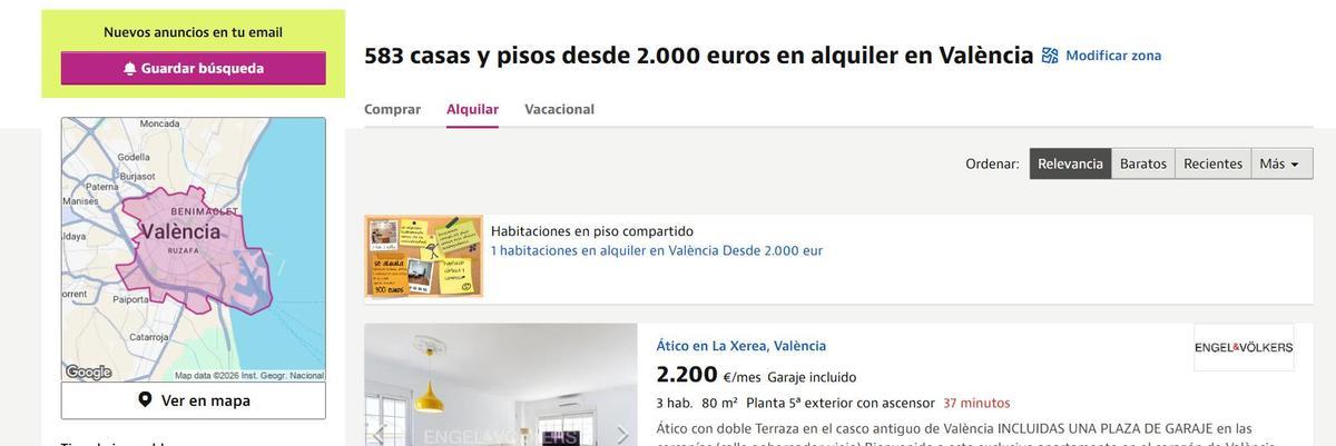 Número de pisos de más de 2.000 euros en València, según recoge Idealista.