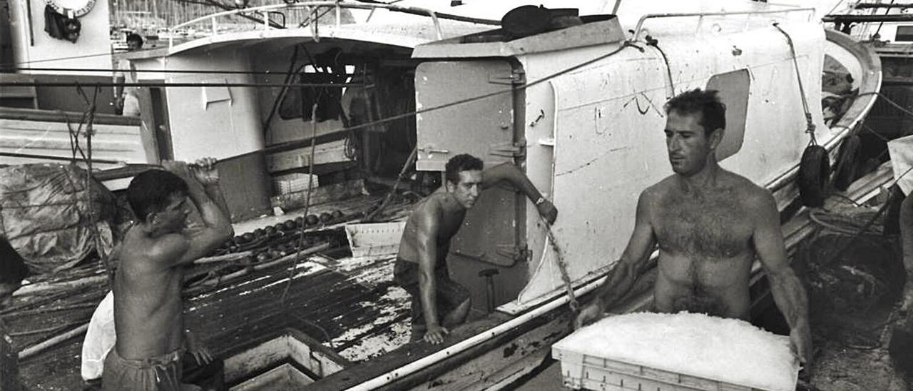 Fotografía de los años 90 de Amadeu al llegar a puerto y descargar la gamba roja. | FUNDACIÓ CIRNE