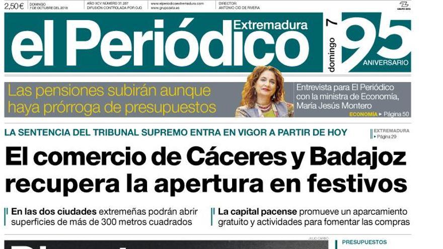 Esta es la portada de EL PERIÓDICO EXTREMADURA correspondiente al día 7 de octubre del 2018