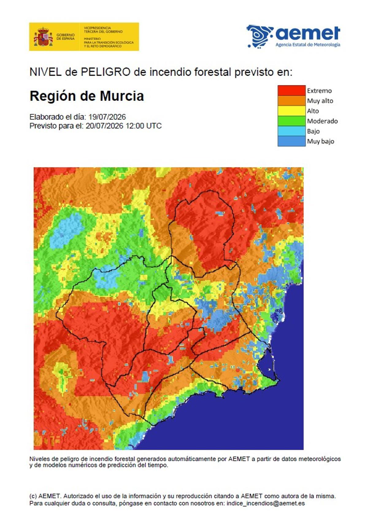 El mapa del reisgo de incendio para la Región de Murcia.