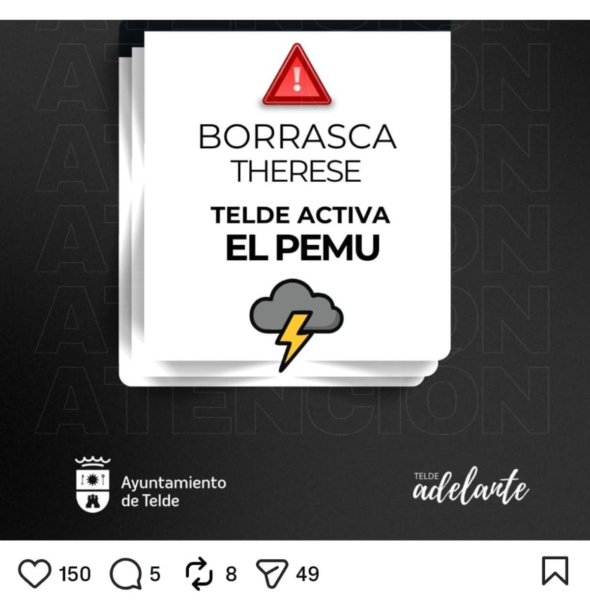 Aviso del Ayuntamiento de Telde por la borrasca Therese