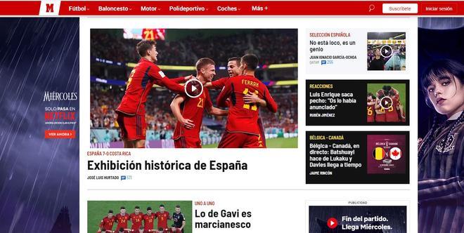 Las reacciones de los periódicos digitales deportivos a la histórica goleada de España ante Costa Rica