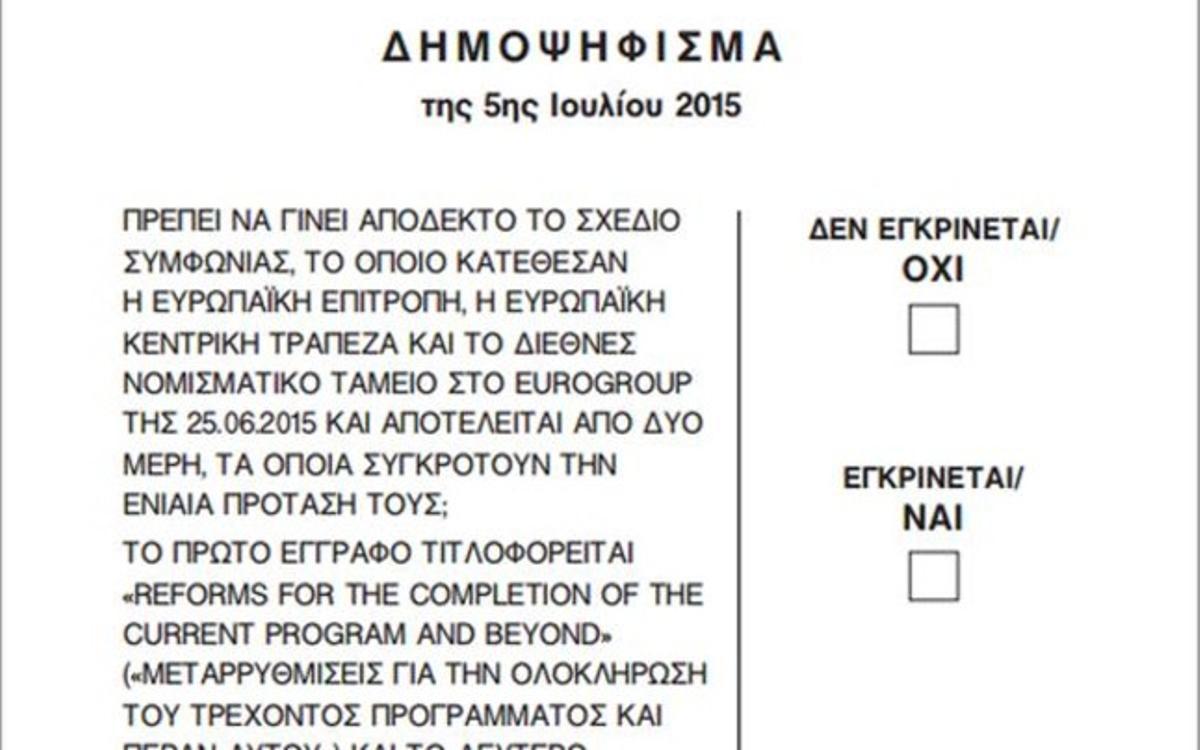 La papereta del referèndum que se celebrarà a Grècia aquest diumenge.