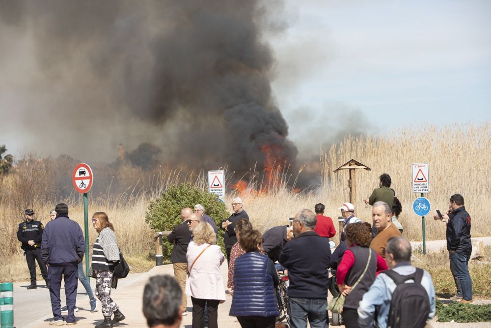 Aparatoso incendio en el delta del Palancia del Port de Sagunt.