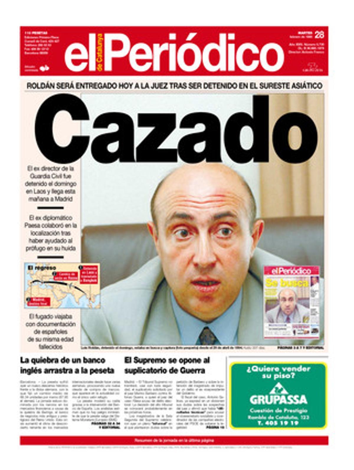 Roldán, caçat. L’exdirector de la Guàrdia Civil va ser detingut a Laos. Portada publicada el 28 de febrer de 1995.