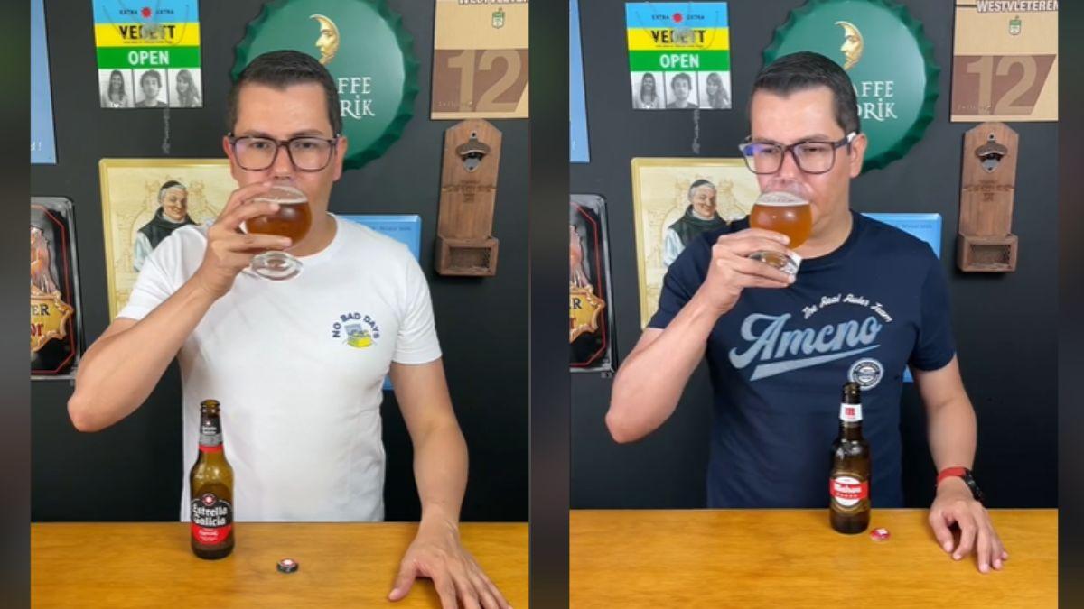 Un juez cervecero haciendo un comparativa entre la Estrella Galicia y la Mahou