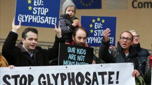 Activistas protestan contra la renovación de la licencia del glifosato, en Bruselas.  
