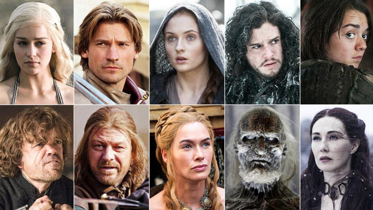 De arriba a abajo, y de izquierda a derecha, Daenerys Targaryen, Jaime Lannister, Sansa Stark, Jon Nieve, Arya Stark, Tyrion Lannister, Edduard Stark, Cersei Lannister, un caminante blanco y la 'bruja roja', Melissandre.