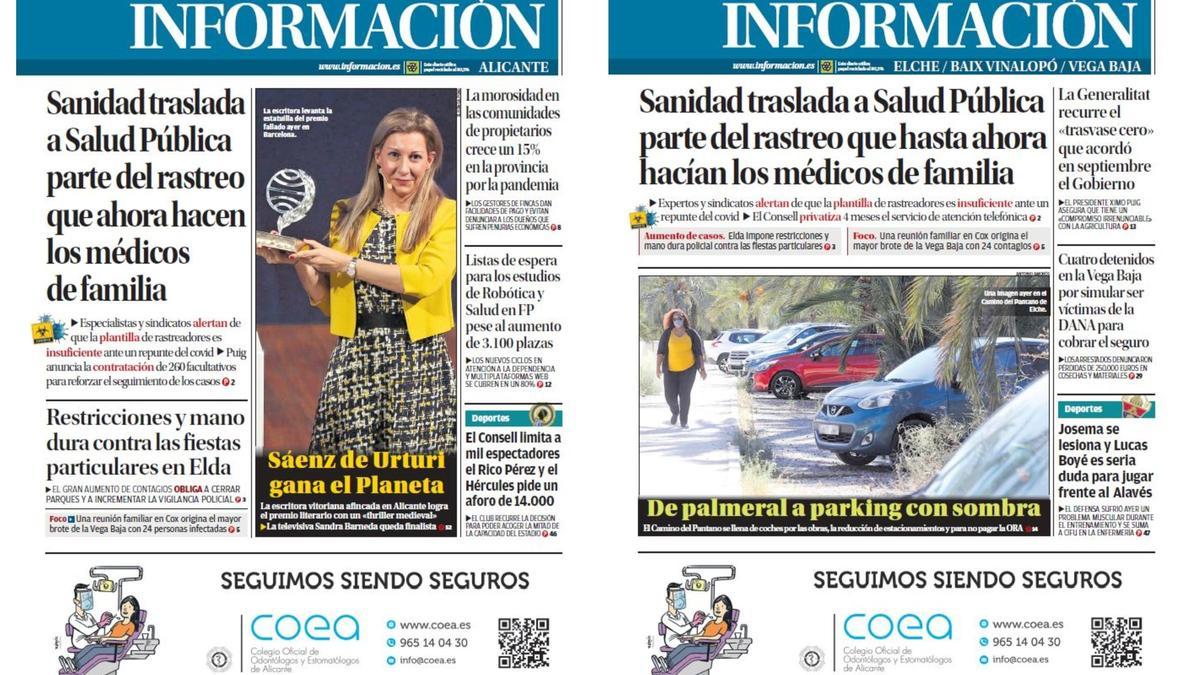 Las portadas de Alicante y Elche de hoy viernes 16 de cotubre.