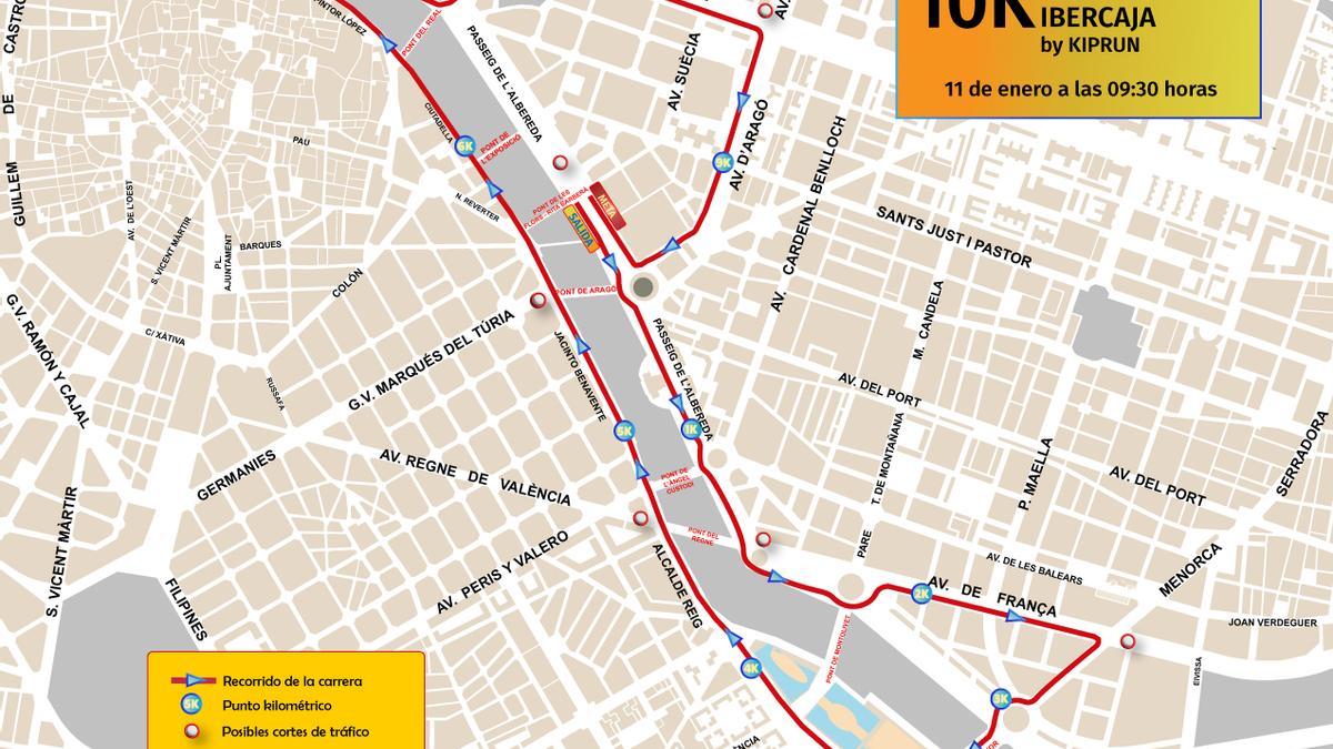 Recorrido de la10K Ibercaja de València de este domingo.
