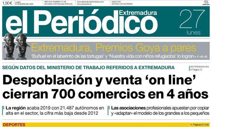 Esta es la portada de EL PERIÓDICO EXTREMADURA correspondiente al día 27 de enero del 2020