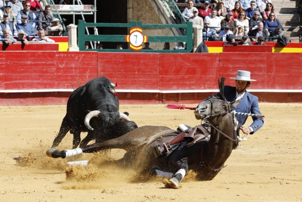 Secuencia de la cogida de uno de los caballos del rejoneador Sergio Galán el día de San José en la Feria de Fallas 2019.