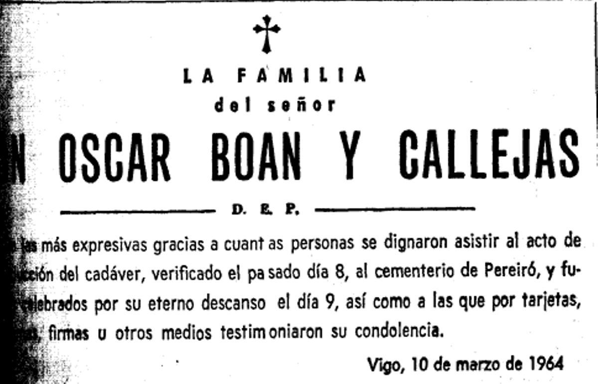 La esquela de Óscar Boán y Callejas publicada en FARO DE VIGO en marzo de 1964.