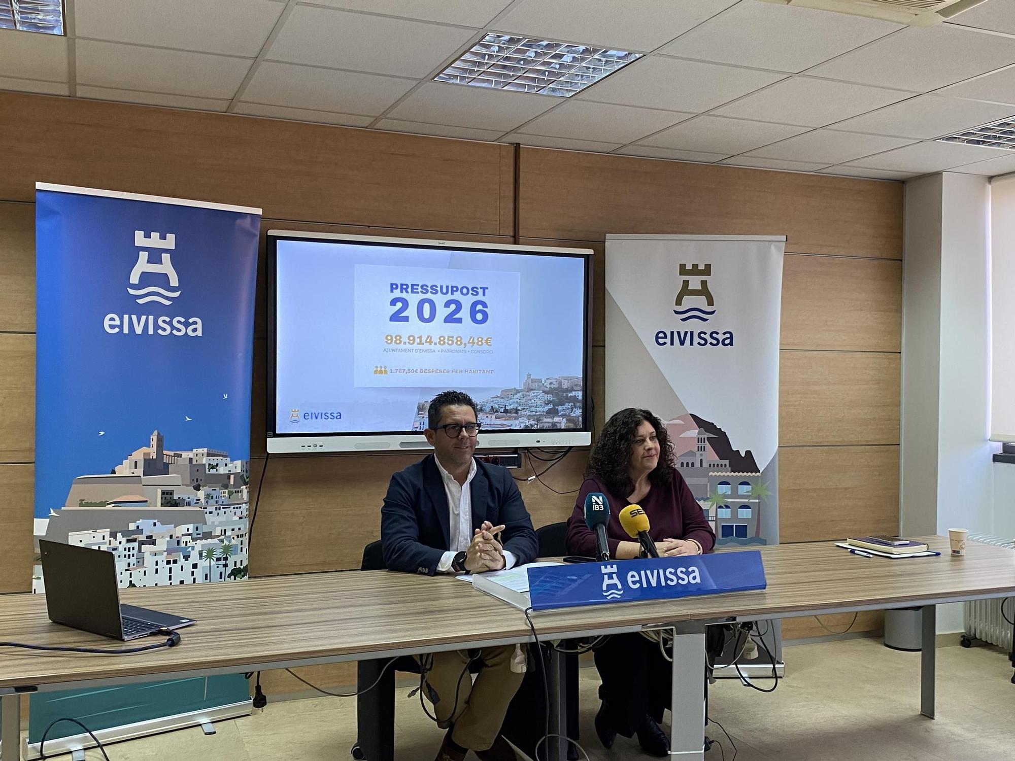 Rafael Triguero y Gema Marí en la presentación de las cuentas municipales para 2026.