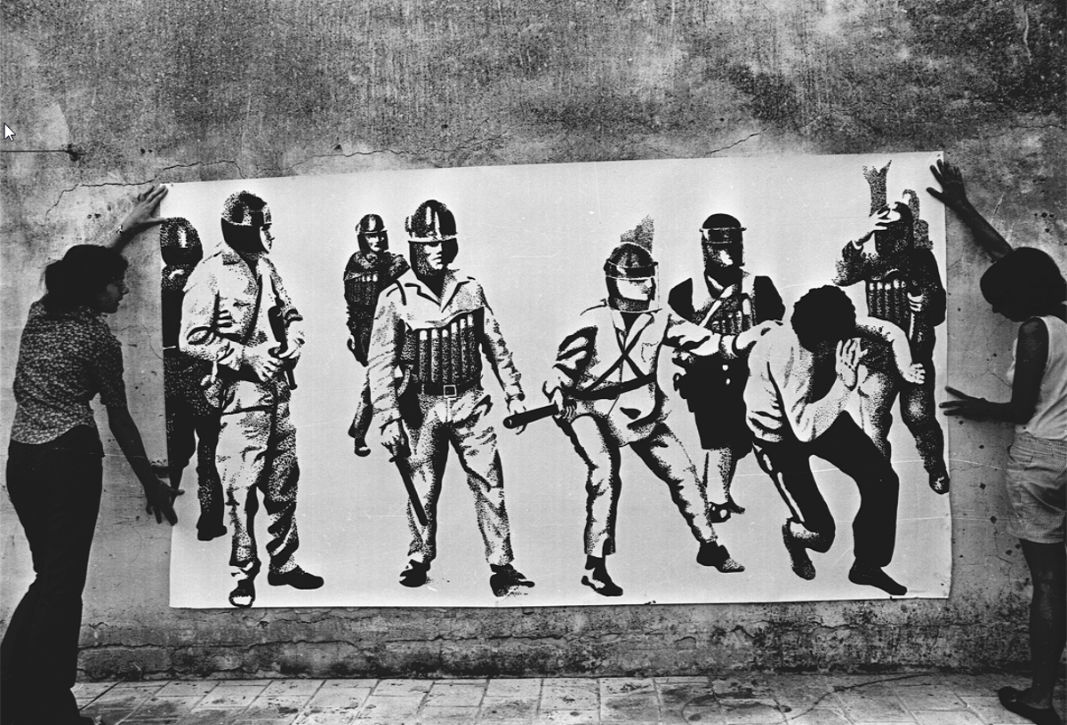 Graziela Carnevale, Lía Maisonnave y Juan Pablo Renzi. Mural colectivo para la exposición 'Opresión, represión y lucha del pueblo latinoamericano'. París, 1972.