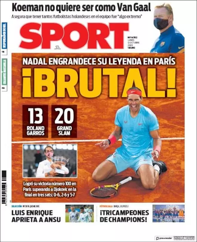 Las portadas de la prensa deportiva tras el triunfo de Nadal en París