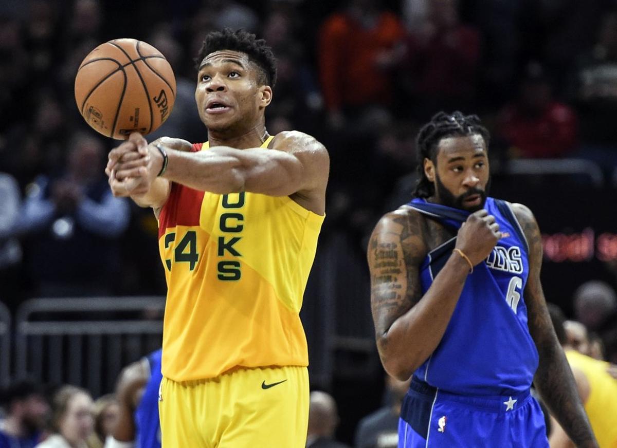 Jan 21, 2019; Milwaukee, WI, USA;  Milwaukee Bucks forward Giannis Antetokounmpo (34) reacts after the Bucks beat the Dallas Mavericks at the Fiserv Forum. Mandatory Credit: Benny Sieu-USA TODAY Sports