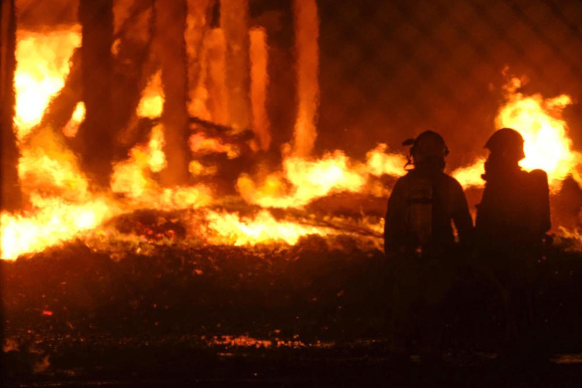Un espectacular incendio calcina una fábrica de palets en La Marina.