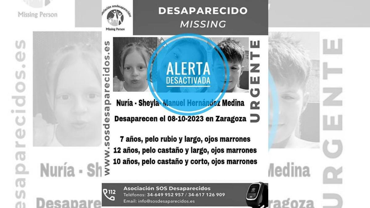 Cartele de Sos desaparecidos anunciando la localización de los menores
