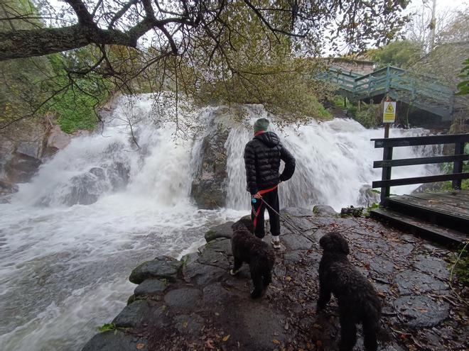 Una persona observa la cascada redondelana de A Feixa, en la parroquia de Reboreda.