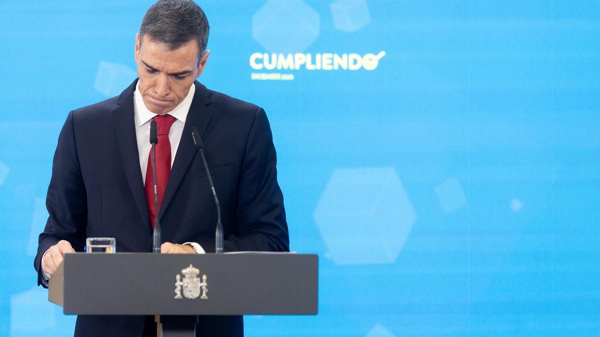 El presidente del Gobierno, Pedro Sánchez, en una rueda de prensa en el Palacio de la Moncloa.