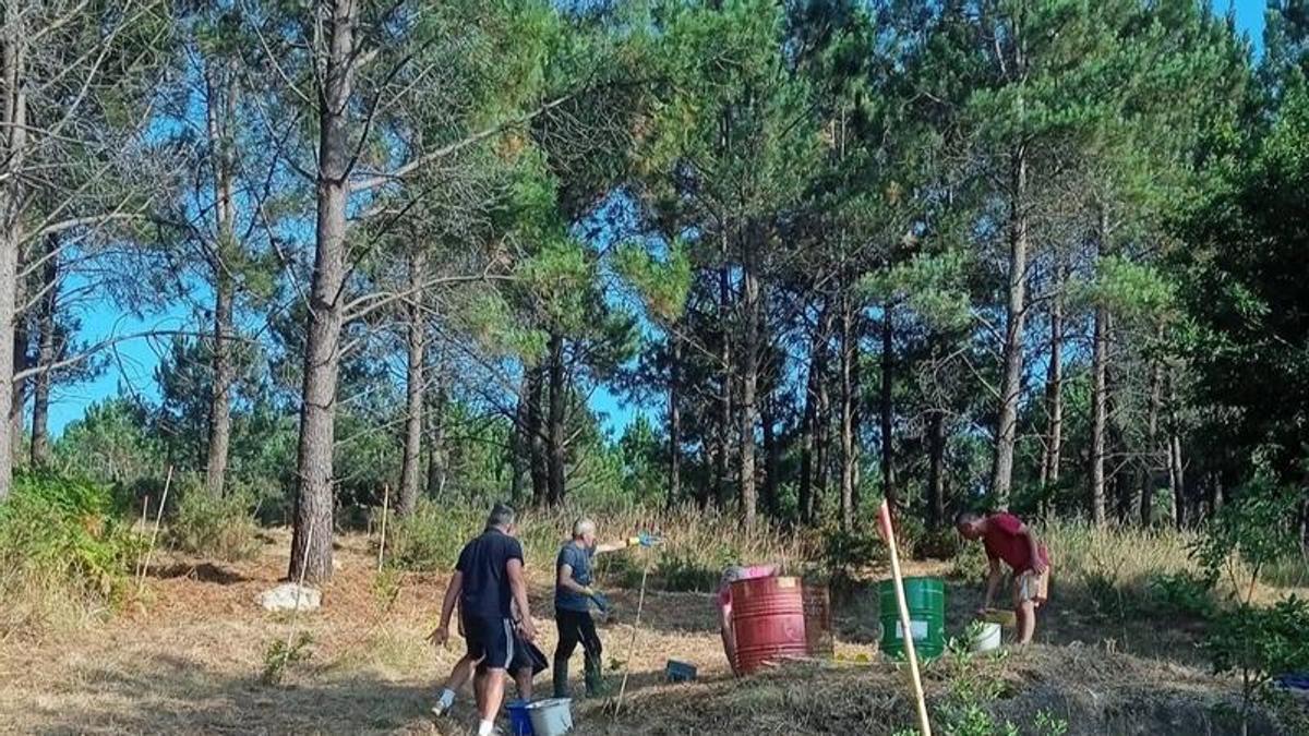 Vecinos de A Illa recogen agua en uno de los depósitos que tienen distribuidos por el monte para regadío.