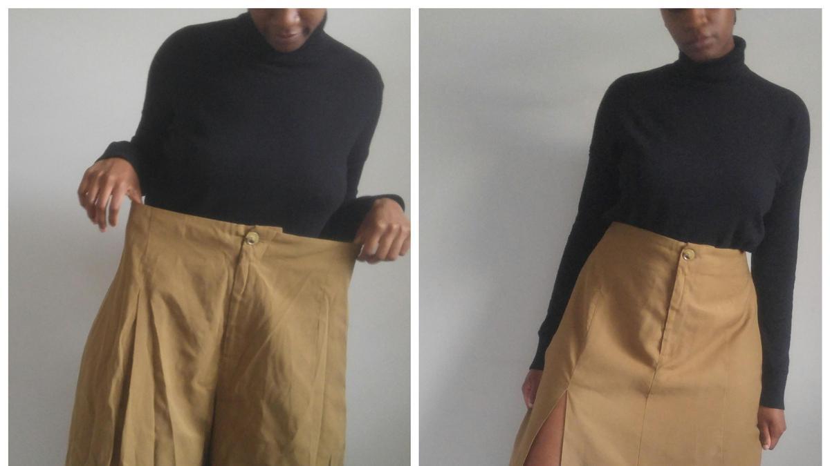 Antes y después de un pantalón oversized de Zara convertido en una falda midi de temporada