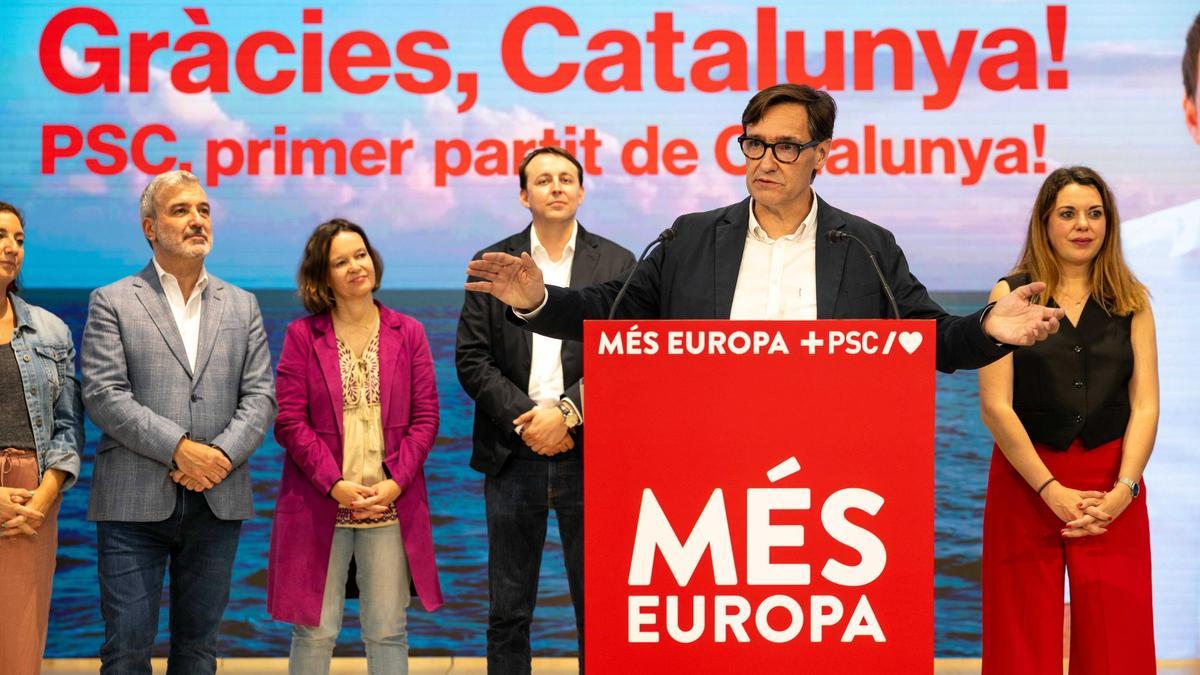 Imagen del discurso de Salvador Illa tras conocerse la victoria del PSC en Catalunya en las Elecciones Europeas