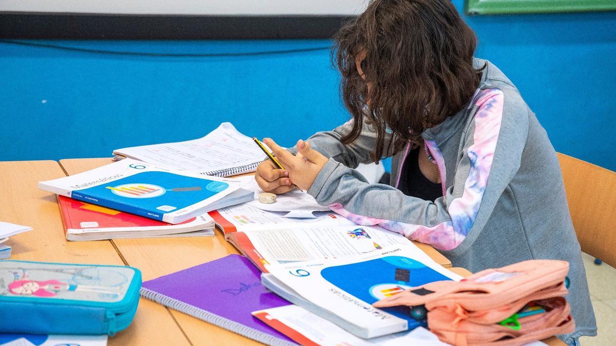 Una escolar con sus libros de textos en el aula.