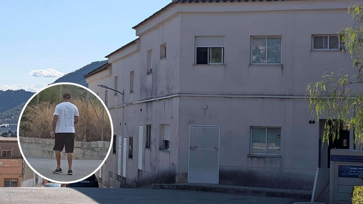 El bloque de adosados de Cerdà donde se denuncian los problemas de convivencia. En el círculo, el hombre condenado por amenazas paseando por la zona.
