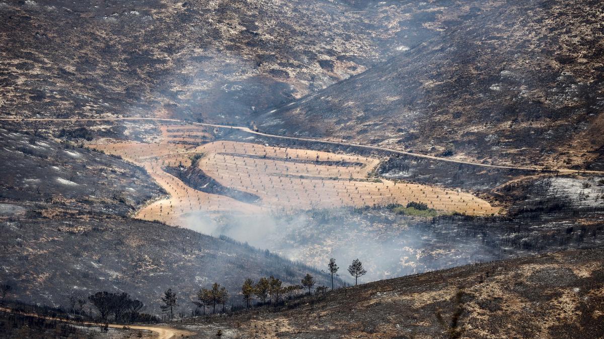 Humo y zona calcinada del incendio forestal que va desde Alcublas hasta las poblaciones de Bejis, Teresa, Toras y Altura
