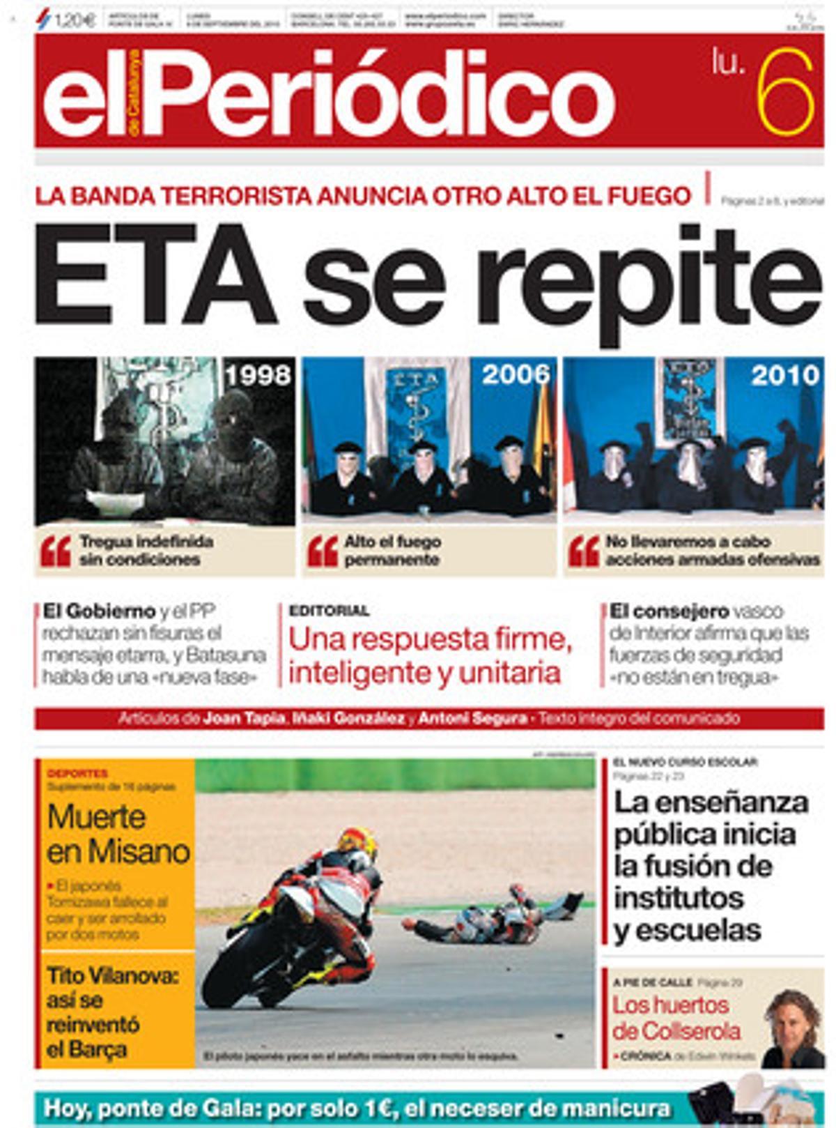 ETA anuncia una tregua indefinida en un comunicado en la BBC. 6/9/2010