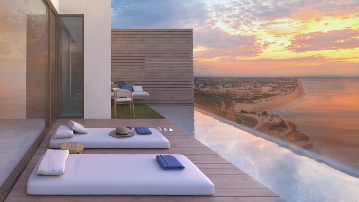 Imagen virtual de la terraza de las habitaciones con piscina &quot;infinity&quot;