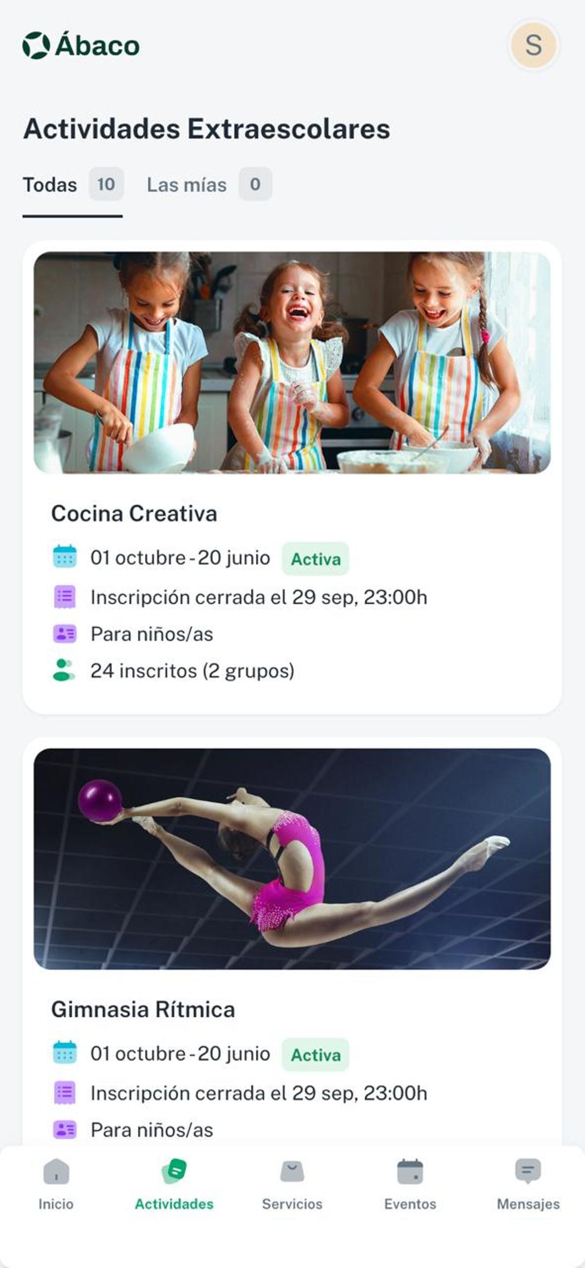 Un ejemplo con las actividades extraescolares de una de las asociaciones que usan la aplicación Abacoapp.es