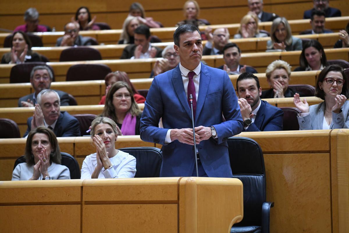 El presidente del Gobierno, Pedro Sánchez, interviene durante una sesión de control al Gobierno en el Senado, a 21 de febrero de 2023, en Madrid (España). El presidente del Gobierno, Pedro Sánchez, interviene durante una sesión de control al Gobierno en el Senado, a 21 de febrero de 2023, en Madrid (España).