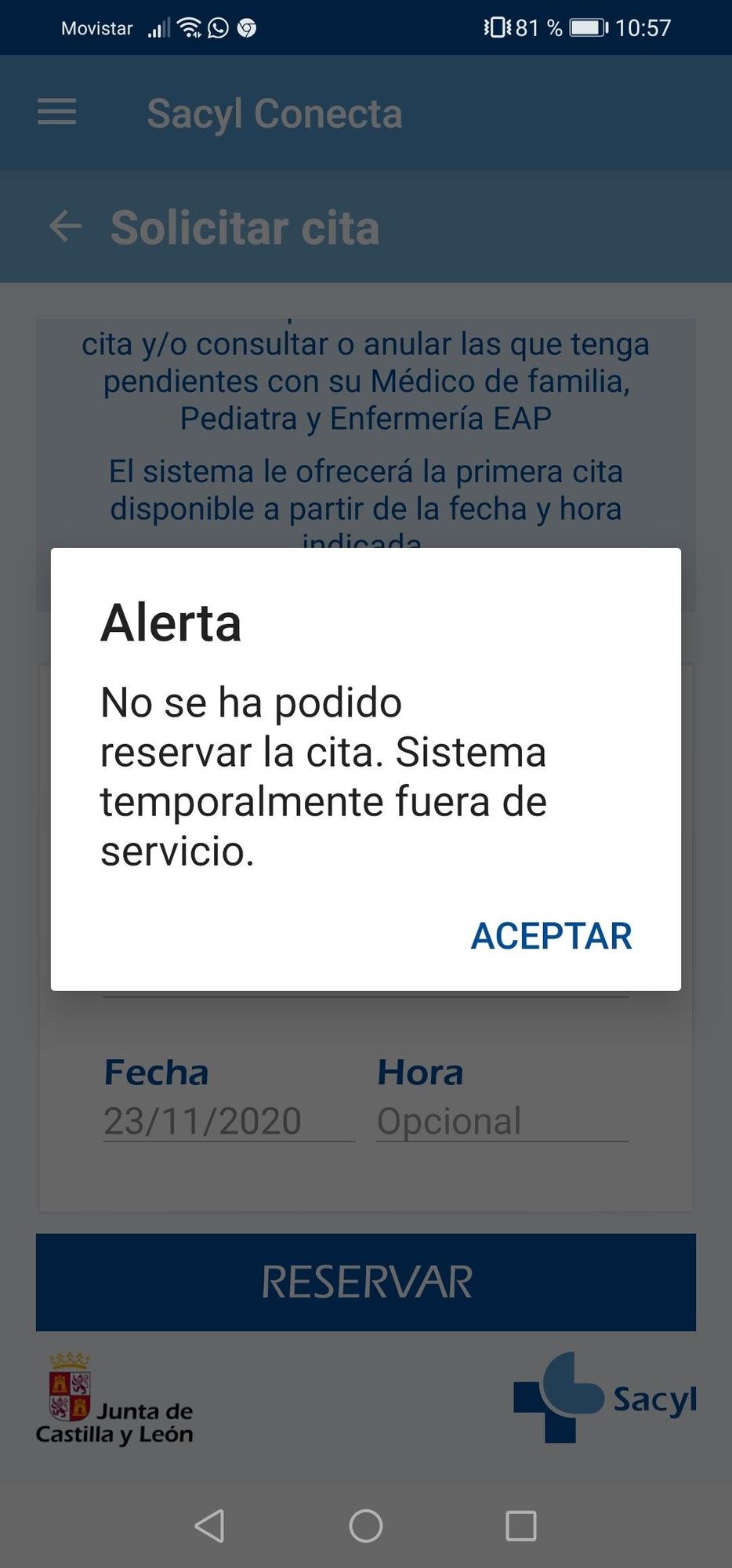 Mensaje que se encontró un usuario cuando intentó pedir cita para vacunarse de la gripe en Puerta Nueva